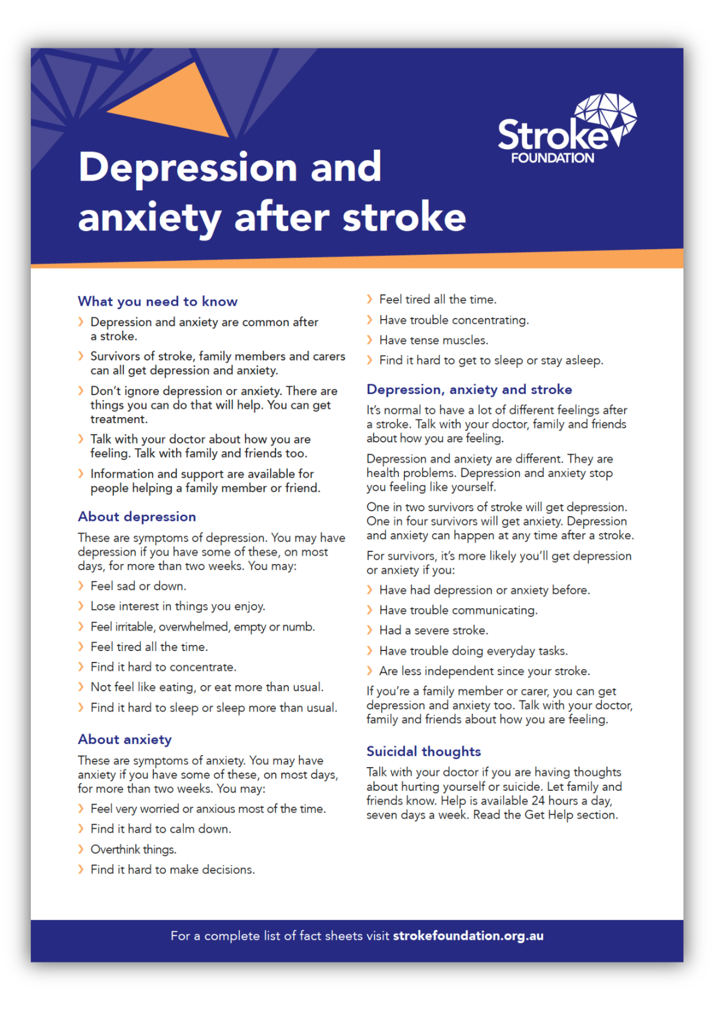 Fact sheet - Depression and anxiety after stroke – Stroke Foundation