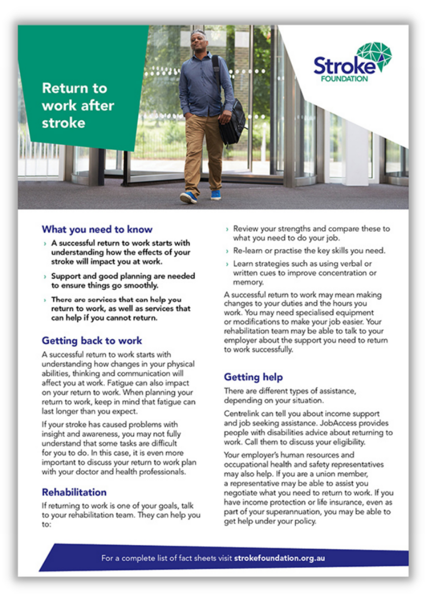 Fact sheet - Return to work after stroke (50 pack)